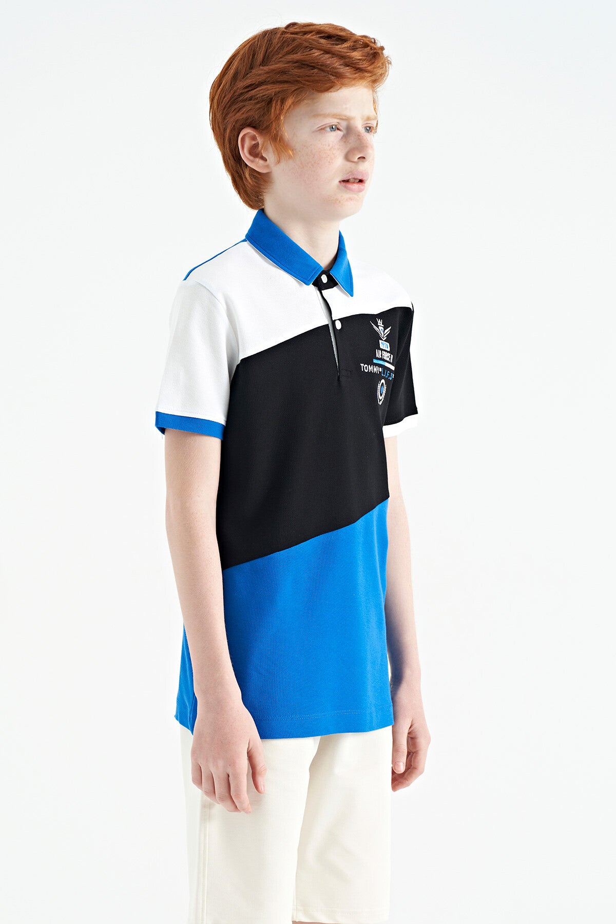 Detailed Standard Pattern Embroidered Color Block Polo Collar Boys T-Shirt - 11088
