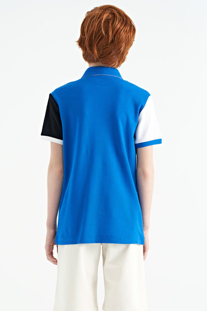 Detailed Standard Pattern Embroidered Color Block Polo Collar Boys T-Shirt - 11088