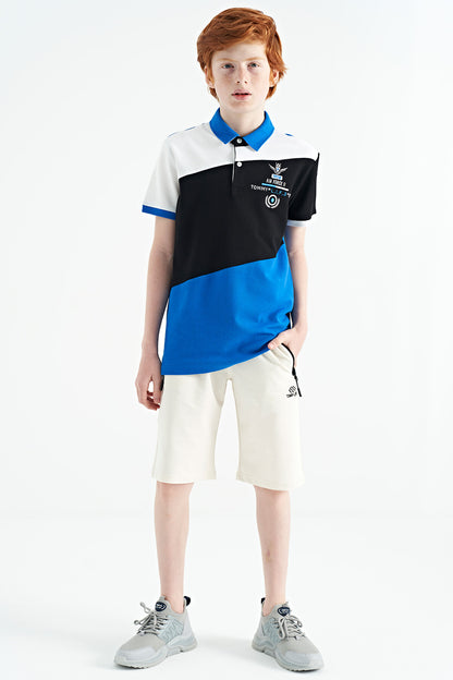 Detailed Standard Pattern Embroidered Color Block Polo Collar Boys T-Shirt - 11088
