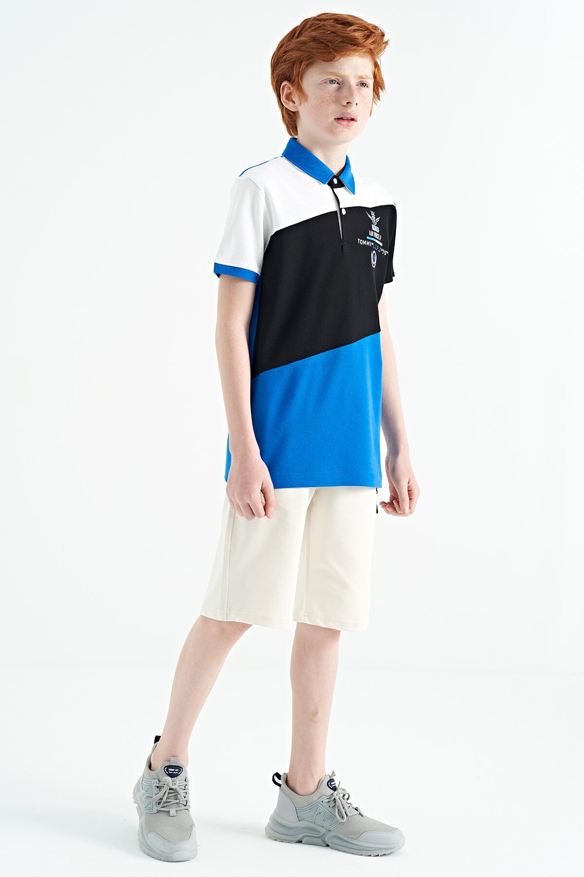 Detailed Standard Pattern Embroidered Color Block Polo Collar Boys T-Shirt - 11088