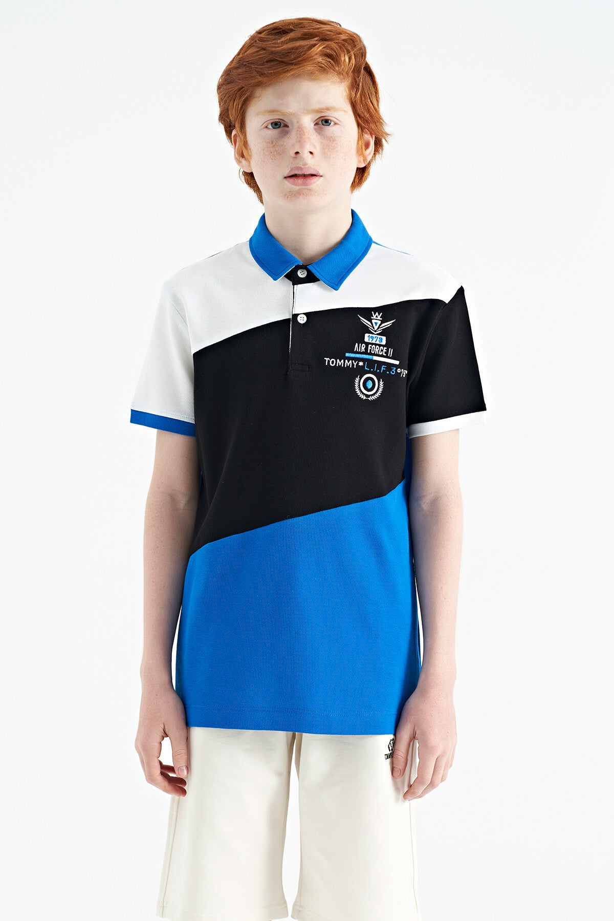Detailed Standard Pattern Embroidered Color Block Polo Collar Boys T-Shirt - 11088