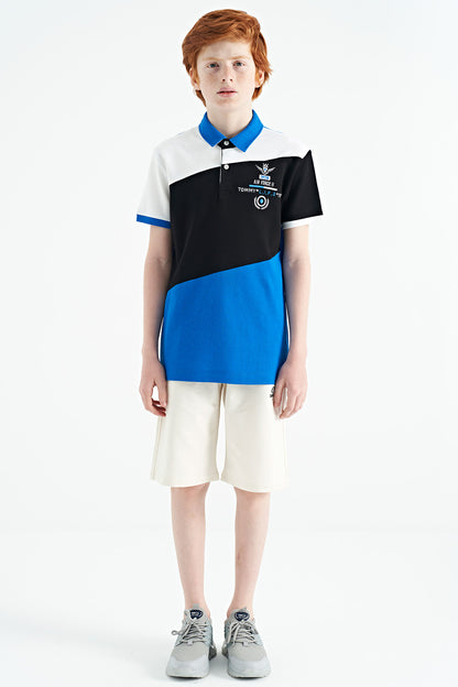 Detailed Standard Pattern Embroidered Color Block Polo Collar Boys T-Shirt - 11088