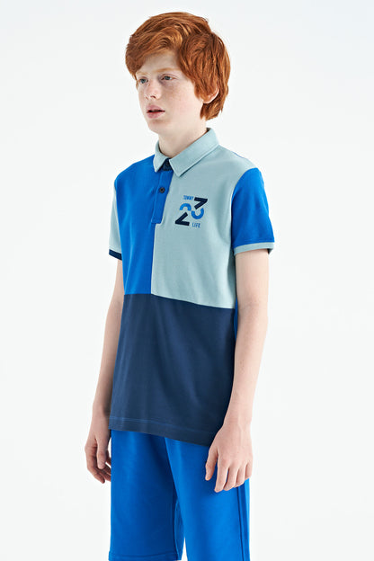Detailed Standard Pattern Embroidered Color Block Polo Collar Boys' T-Shirt - 11108