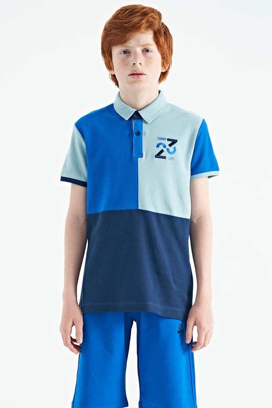 Detailed Standard Pattern Embroidered Color Block Polo Collar Boys' T-Shirt - 11108