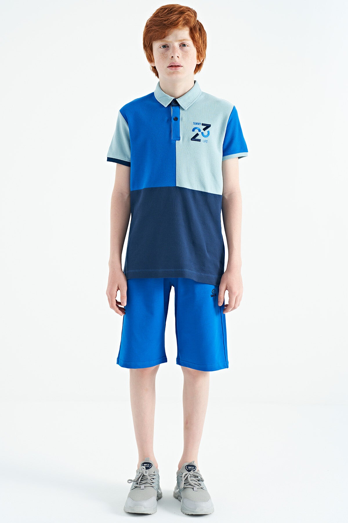 Detailed Standard Pattern Embroidered Color Block Polo Collar Boys' T-Shirt - 11108