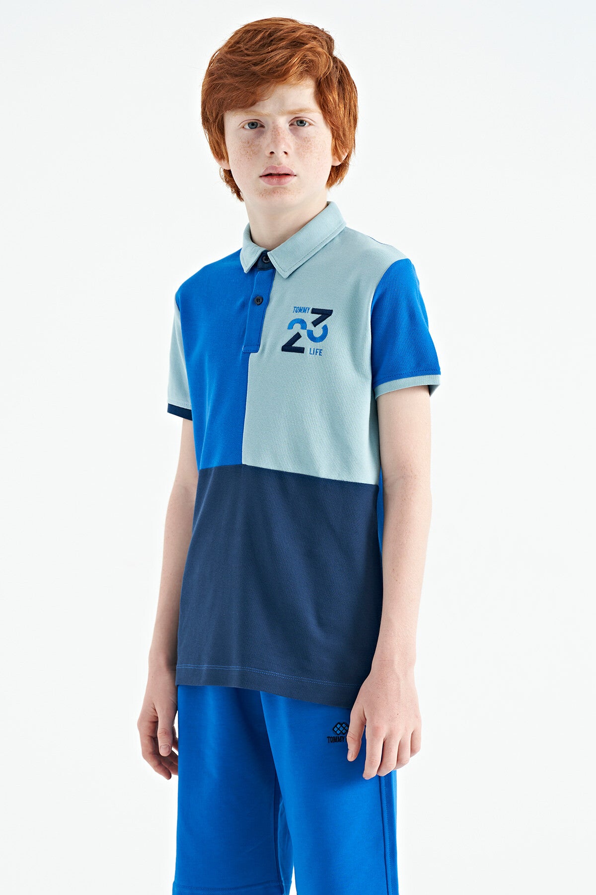 Detailed Standard Pattern Embroidered Color Block Polo Collar Boys' T-Shirt - 11108