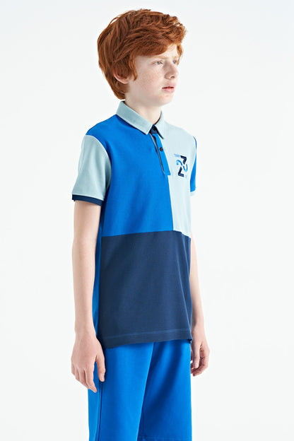 Detailed Standard Pattern Embroidered Color Block Polo Collar Boys' T-Shirt - 11108