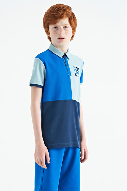 Detailed Standard Pattern Embroidered Color Block Polo Collar Boys' T-Shirt - 11108