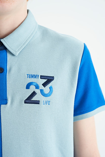 Detailed Standard Pattern Embroidered Color Block Polo Collar Boys' T-Shirt - 11108