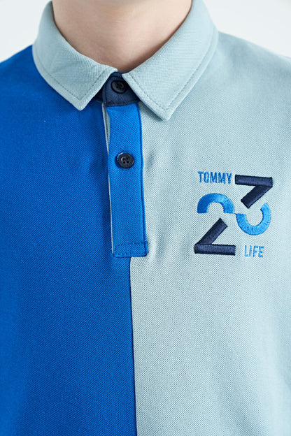 Detailed Standard Pattern Embroidered Color Block Polo Collar Boys' T-Shirt - 11108