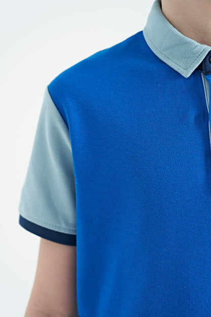 Detailed Standard Pattern Embroidered Color Block Polo Collar Boys' T-Shirt - 11108