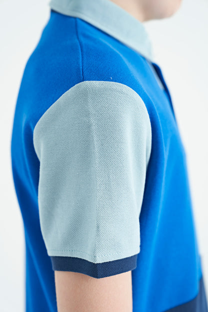 Detailed Standard Pattern Embroidered Color Block Polo Collar Boys' T-Shirt - 11108