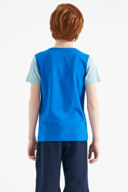 Standard Fit Color Block Print O Collar Boys' T-Shirt - 11134