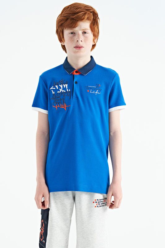Embroidered Detailed Standard Pattern Polo Collar Boys' T-Shirt - 11085