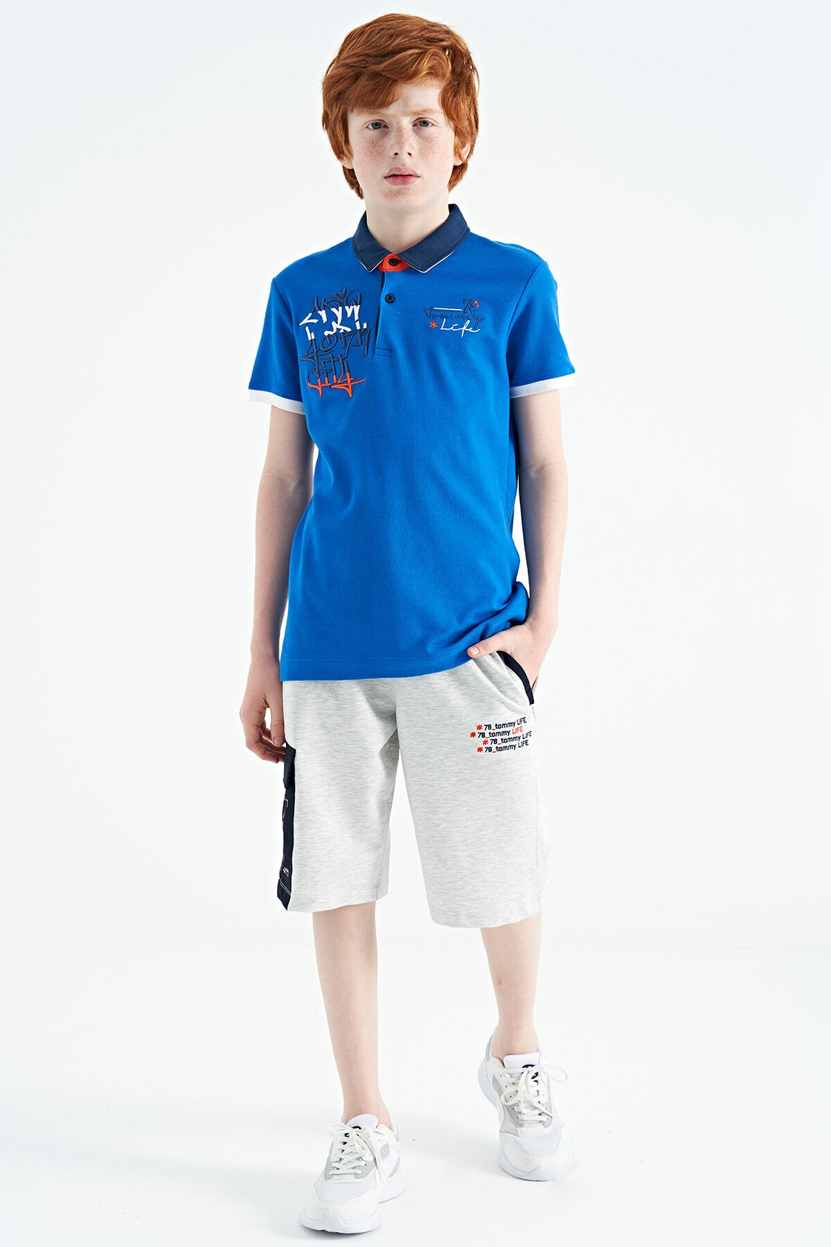 Embroidered Detailed Standard Pattern Polo Collar Boys' T-Shirt - 11085
