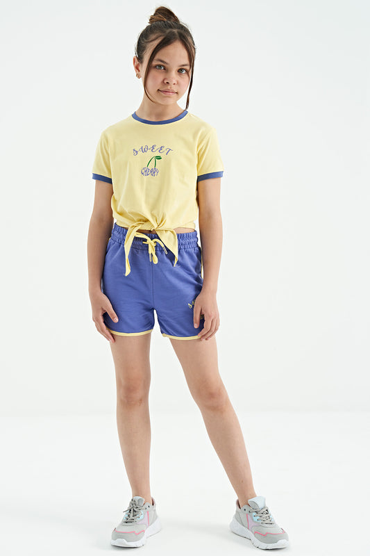 Yellow - Light Lavender O Collar Printed Knot Detailed Relax Fit Girl's Shorts Set - 75132