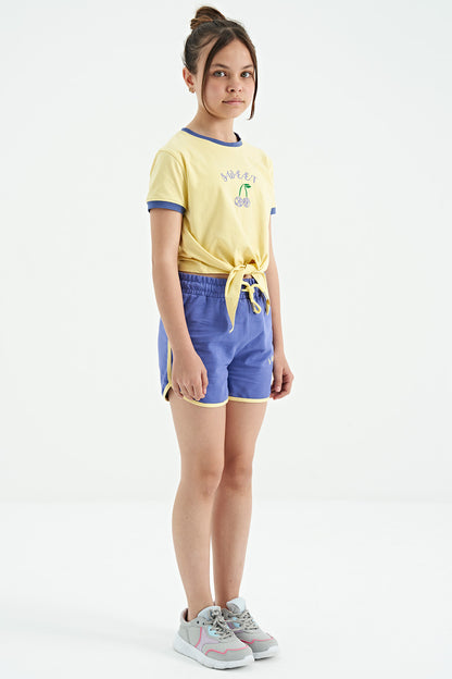 Yellow - Light Lavender O Collar Printed Knot Detailed Relax Fit Girl's Shorts Set - 75132