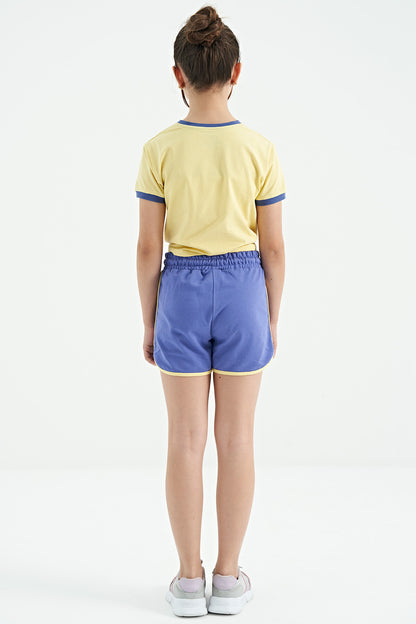 Yellow - Light Lavender O Collar Printed Knot Detailed Relax Fit Girl's Shorts Set - 75132