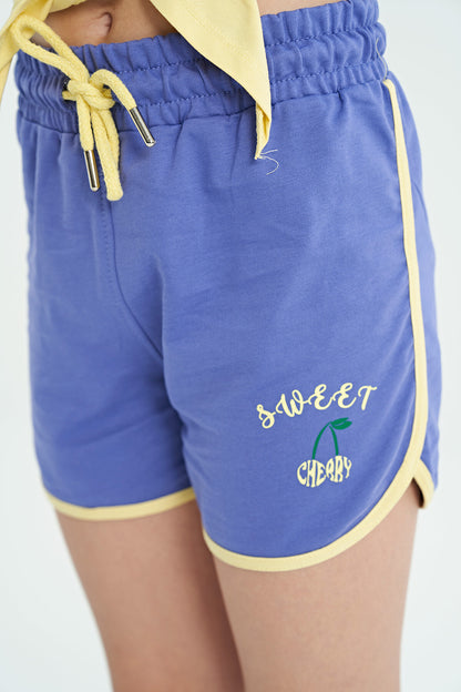Yellow - Light Lavender O Collar Printed Knot Detailed Relax Fit Girl's Shorts Set - 75132