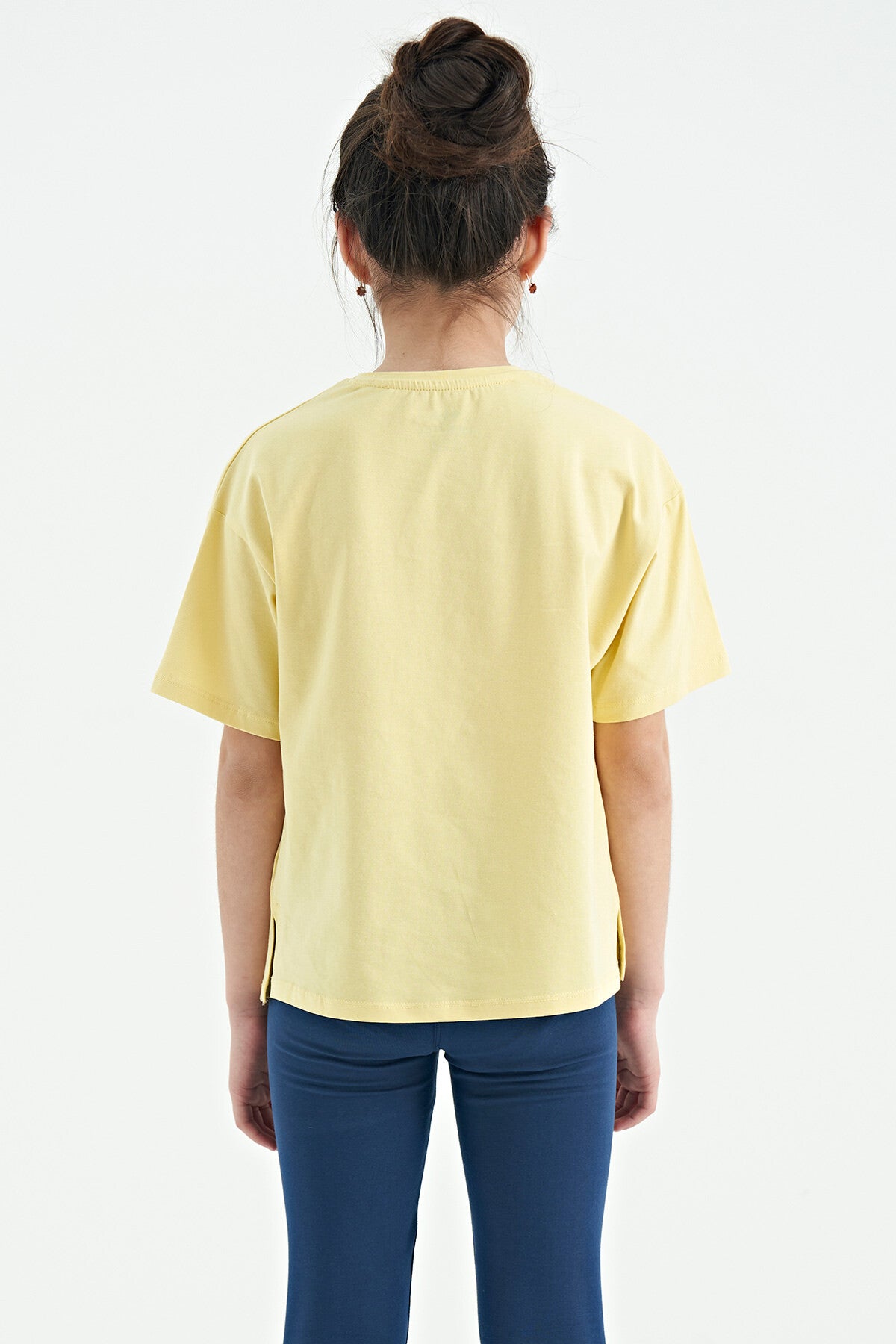 Yellow Teddy Bear Print O Collar Oversize Short Sleeve Girls' T-Shirt - 75116