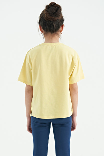 Yellow Teddy Bear Print O Collar Oversize Short Sleeve Girls' T-Shirt - 75116