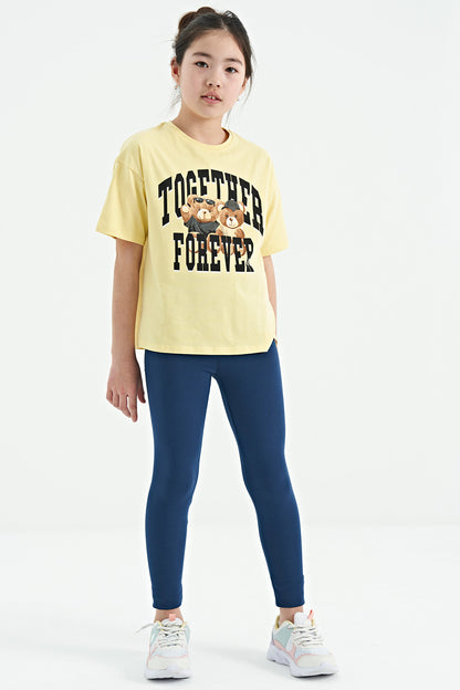 Yellow Teddy Bear Print O Collar Oversize Short Sleeve Girls' T-Shirt - 75116