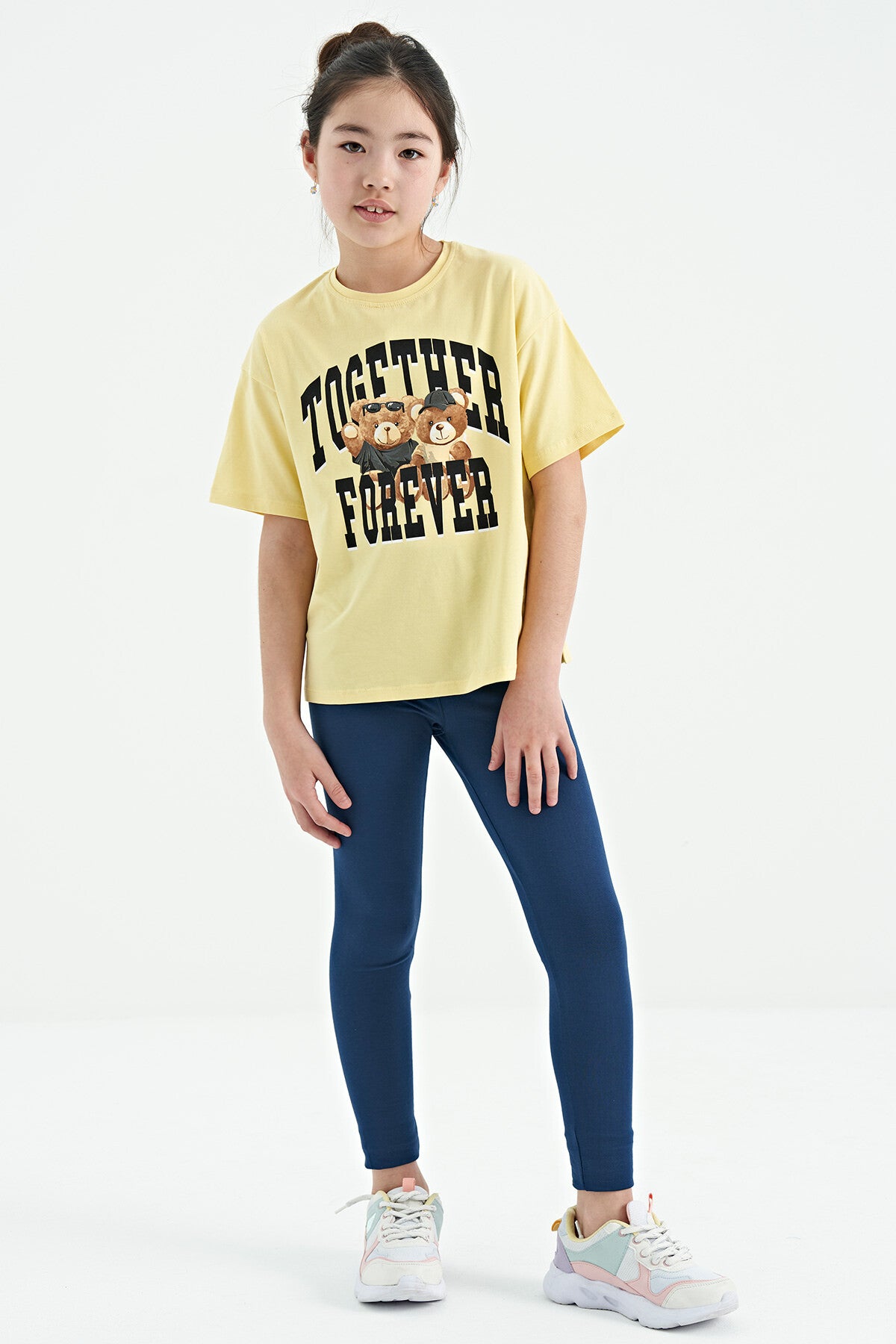 Yellow Teddy Bear Print O Collar Oversize Short Sleeve Girls' T-Shirt - 75116