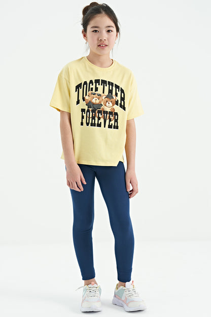 Yellow Teddy Bear Print O Collar Oversize Short Sleeve Girls' T-Shirt - 75116