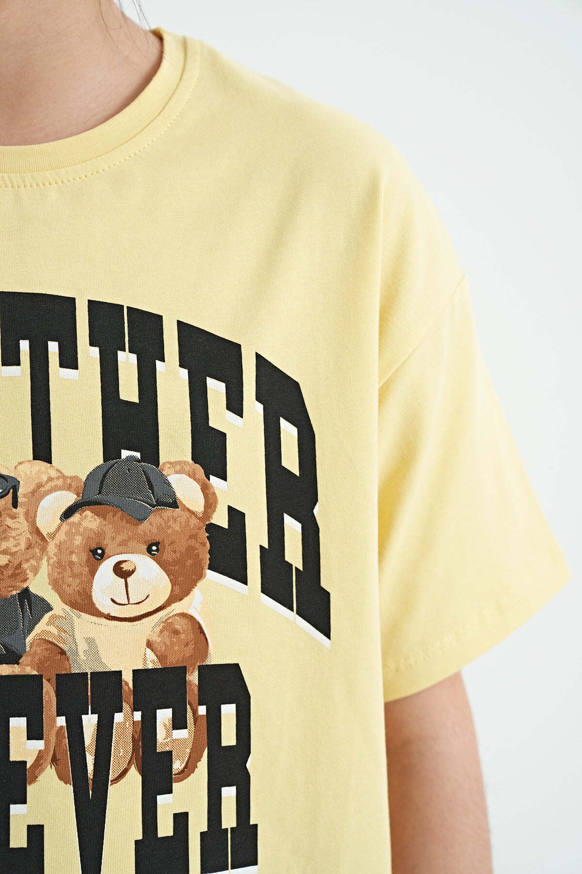 Yellow Teddy Bear Print O Collar Oversize Short Sleeve Girls' T-Shirt - 75116