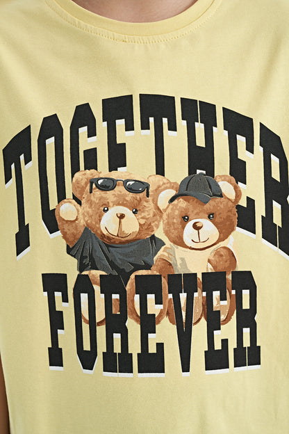 Yellow Teddy Bear Print O Collar Oversize Short Sleeve Girls' T-Shirt - 75116