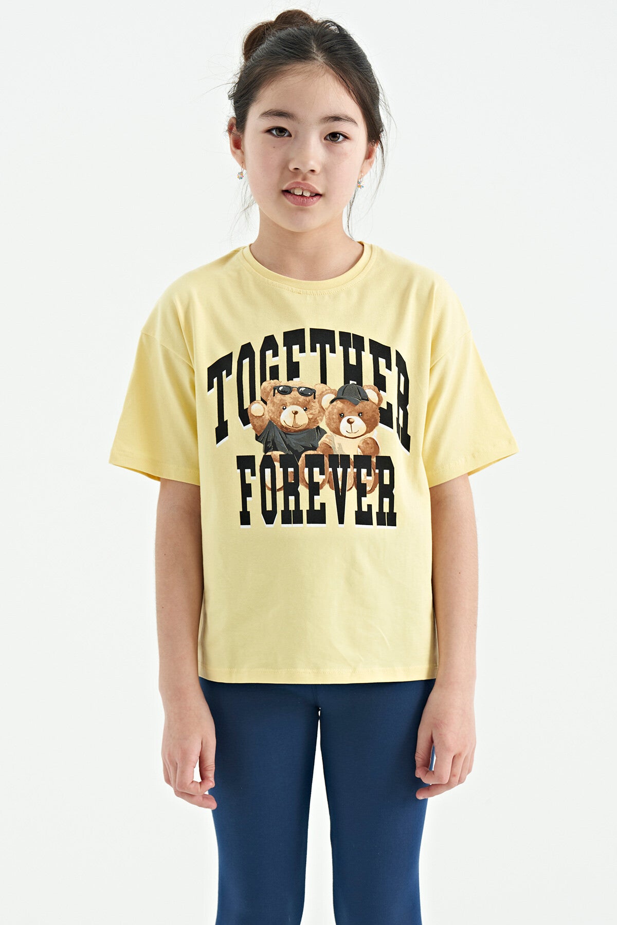 Yellow Teddy Bear Print O Collar Oversize Short Sleeve Girls' T-Shirt - 75116