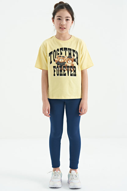 Yellow Teddy Bear Print O Collar Oversize Short Sleeve Girls' T-Shirt - 75116