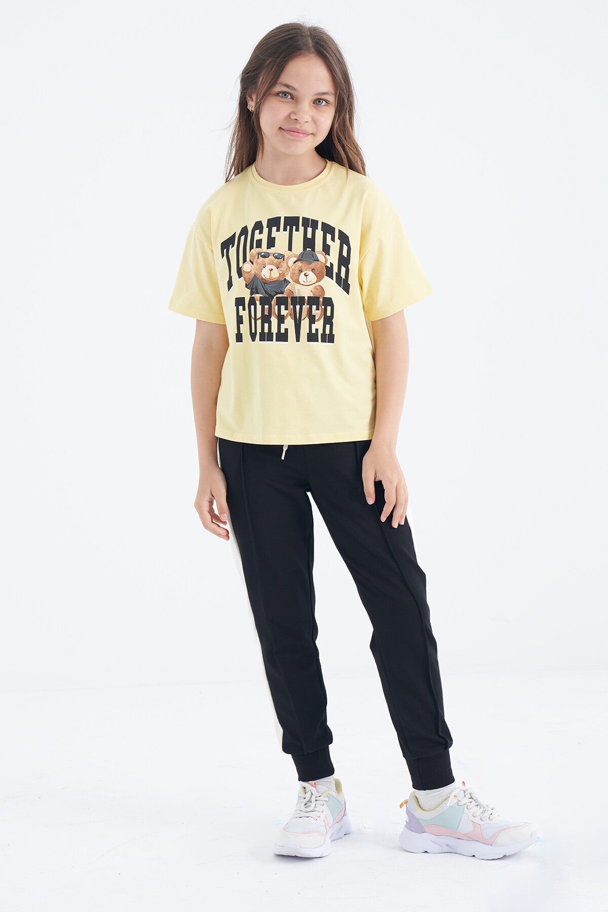 Yellow Teddy Bear Print O Collar Oversize Short Sleeve Girls' T-Shirt - 75116