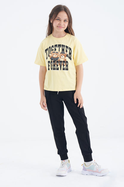 Yellow Teddy Bear Print O Collar Oversize Short Sleeve Girls' T-Shirt - 75116