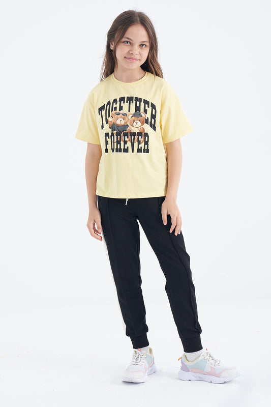 Yellow Teddy Bear Print O Collar Oversize Short Sleeve Girls' T-Shirt - 75116
