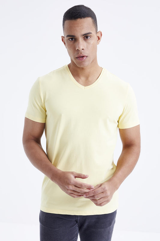 Yellow Basic Short Sleeve Standard Fit V Neck Men's T-Shirt - 87912