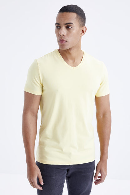Yellow Basic Short Sleeve Standard Fit V Neck Men's T-Shirt - 87912