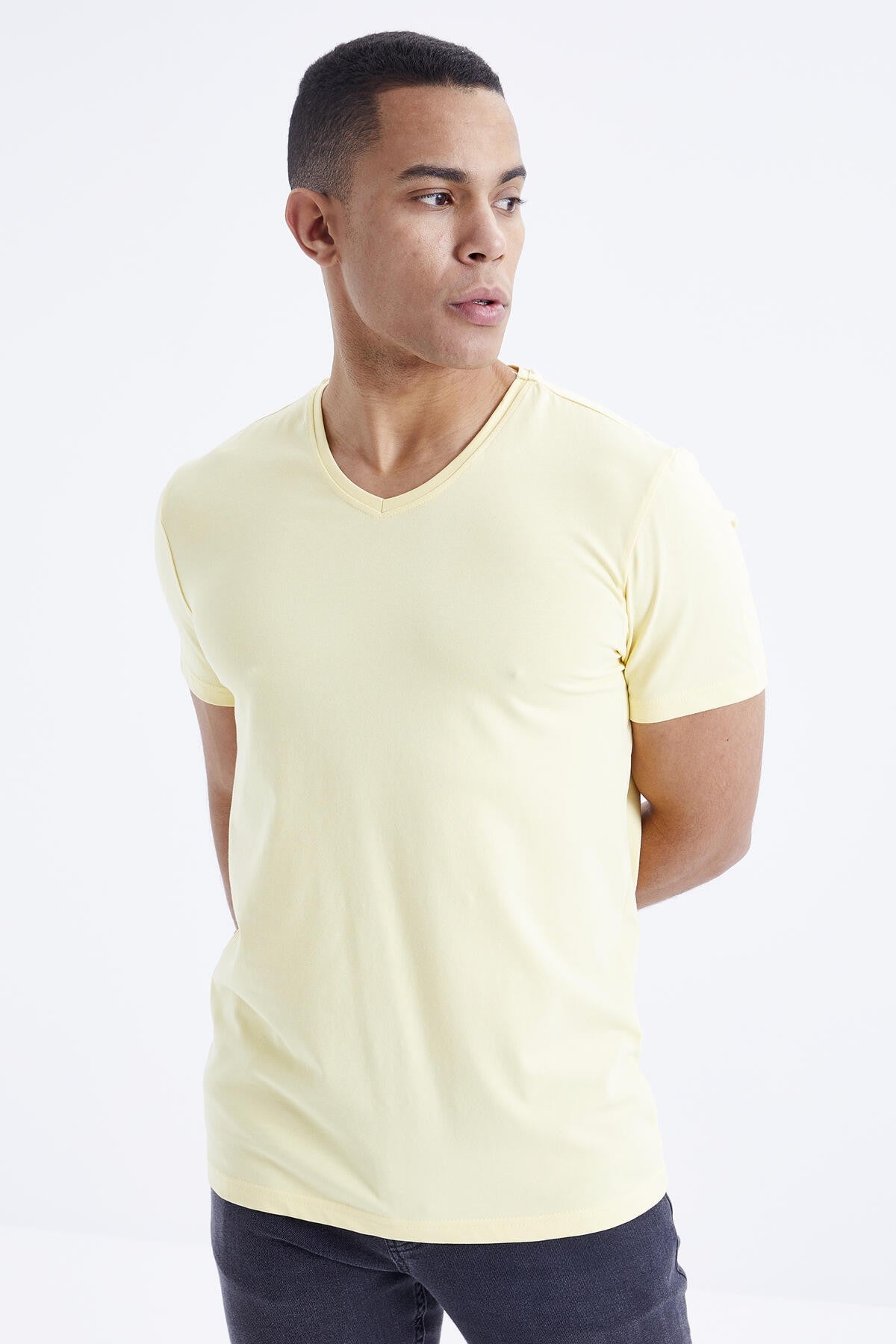 Yellow Basic Short Sleeve Standard Fit V Neck Men's T-Shirt - 87912