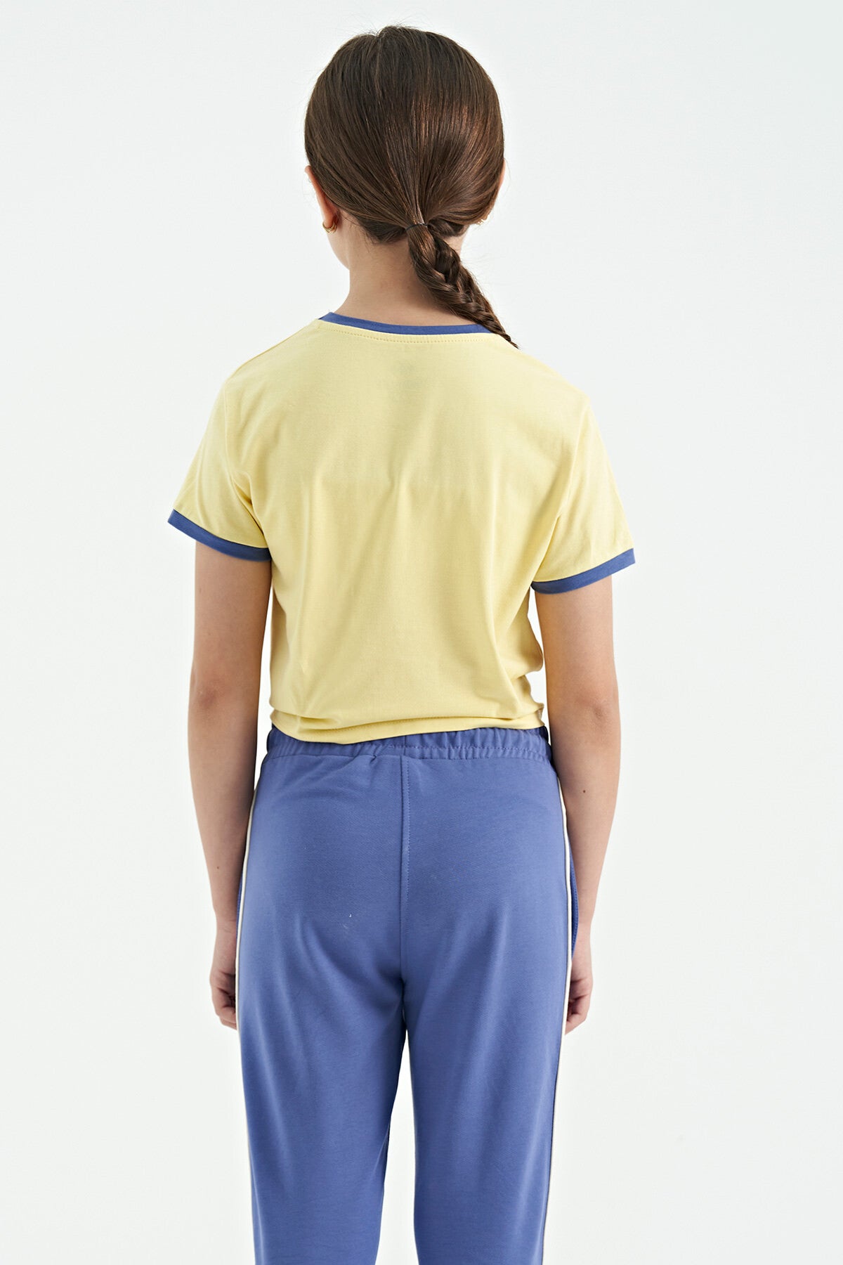 Detailed Print Yellow O-Neck Multi-Colored Tie-Detail Girl's T-Shirt - 75113