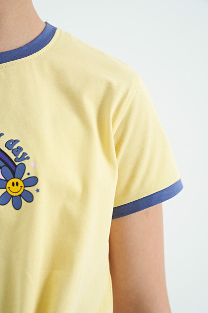 Detailed Print Yellow O-Neck Multi-Colored Tie-Detail Girl's T-Shirt - 75113