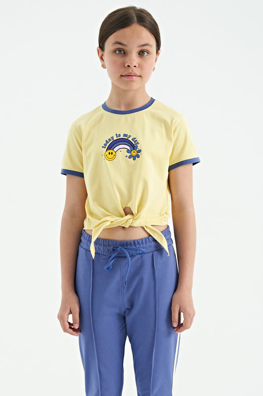 Detailed Print Yellow O-Neck Multi-Colored Tie-Detail Girl's T-Shirt - 75113