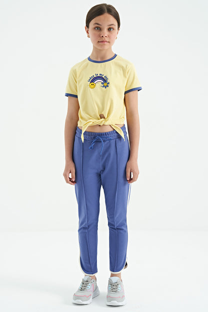 Detailed Print Yellow O-Neck Multi-Colored Tie-Detail Girl's T-Shirt - 75113