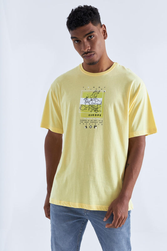 Yellow Print Detailed O Collar Men's Oversize T-Shirt - 88094