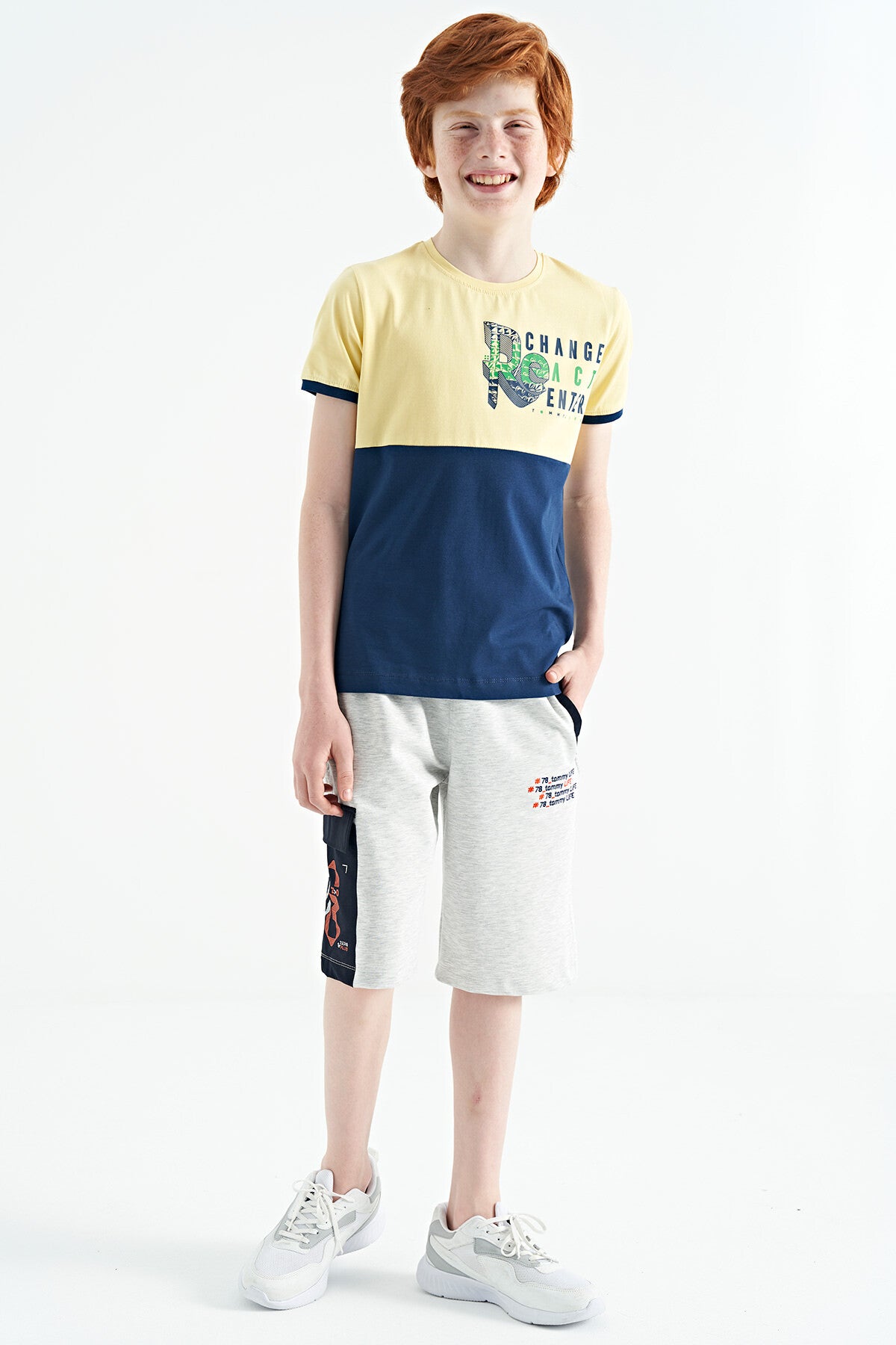 Yellow Print Detailed Color Block Standard Fit O Collar Boys T-Shirt - 11107