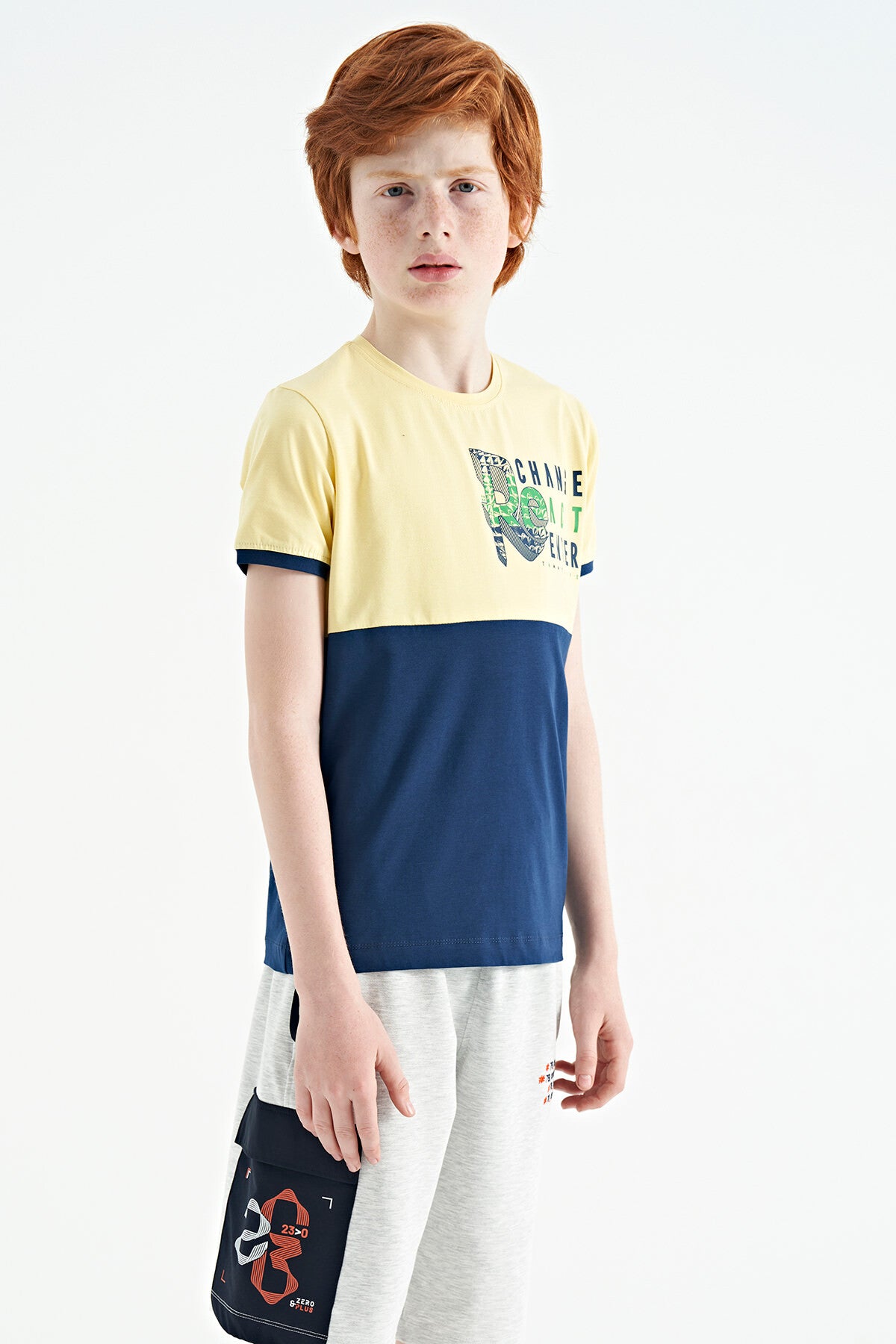 Yellow Print Detailed Color Block Standard Fit O Collar Boys T-Shirt - 11107