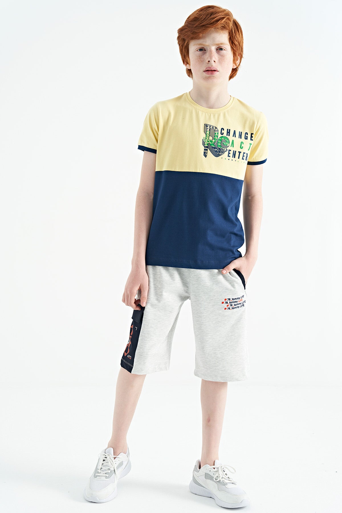 Yellow Print Detailed Color Block Standard Fit O Collar Boys T-Shirt - 11107