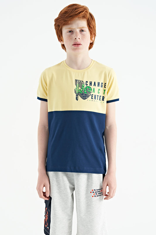 Yellow Print Detailed Color Block Standard Fit O Collar Boys T-Shirt - 11107