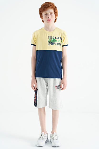 Yellow Print Detailed Color Block Standard Fit O Collar Boys T-Shirt - 11107