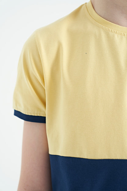Yellow Print Detailed Color Block Standard Fit O Collar Boys T-Shirt - 11107