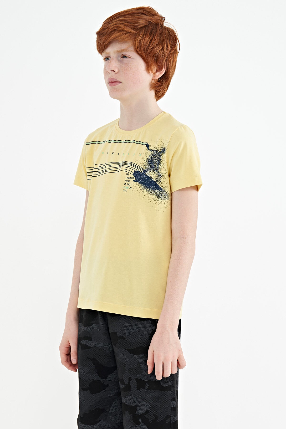 Yellow Print Detailed Standard Mold O Collar Boys T-Shirt - 11133